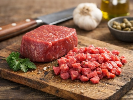 Frisches Rindfleisch und gehacktes Tartar für die Zubereitung